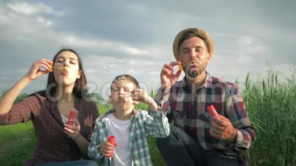 在大自然中快乐的童年年轻的父母带着穿格子衬衫的儿子慢悠悠地坐在田野里玩肥皂泡视频的预览图
