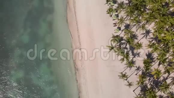 空中无人驾驶飞机在热带岛屿上用蓝水船只和棕榈树森林拍摄热带白沙海岸视频的预览图