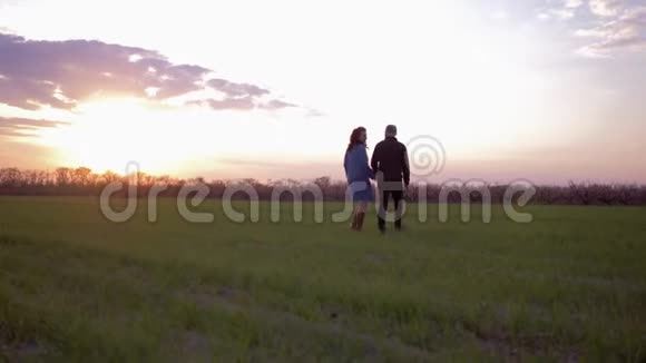 年轻可爱的一对男女在夕阳下的绿色田野上在粉红色的天空中漫步视频的预览图