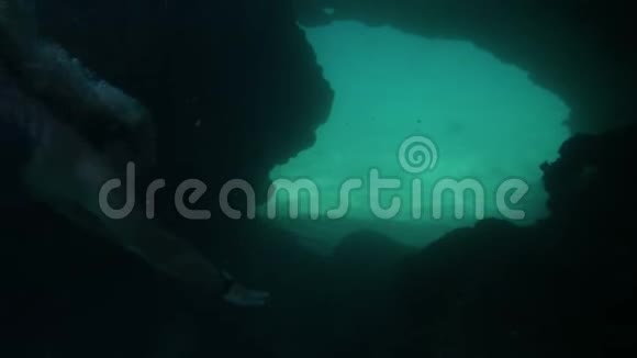 一个女人在海底游泳穿过一个洞穴视频的预览图