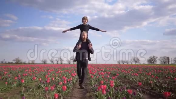 快乐的童年德国男人带着微笑的男孩张开双臂坐在肩膀上穿过小草原视频的预览图