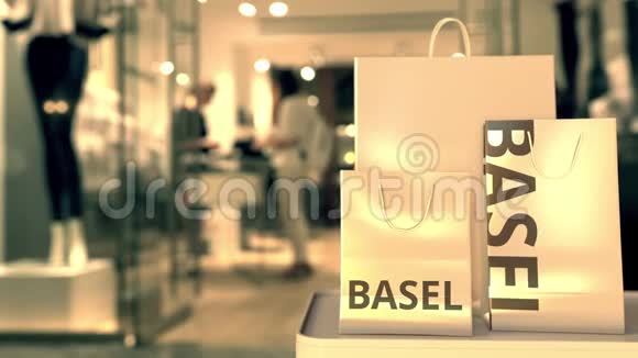 纸购物袋与巴塞尔标题针对模糊的商店入口瑞士零售相关概念3D视频的预览图