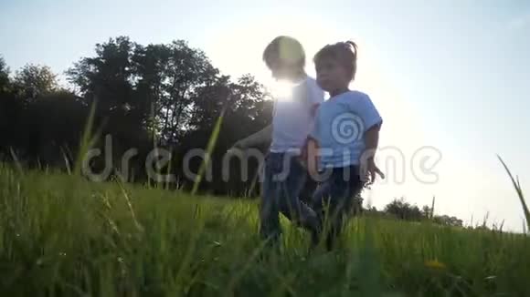 快乐的孩子们牵着手在绿草上享受乡村的新鲜空气夏季郊游视频的预览图