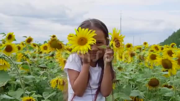 向日葵的眼睛可爱的小女孩拿着向日葵的眼睛就像花园里的望远镜特写儿童肖像婴儿特写视频的预览图