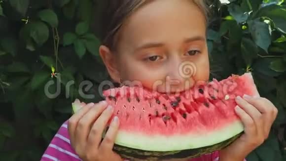少女在绿色植物的背景下吃一个香甜多汁的西瓜孩子享受一大片西瓜视频的预览图
