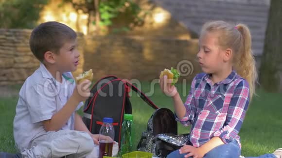 午餐时间孩子们手里拿着三明治坐在校园的草坪上聊天视频的预览图