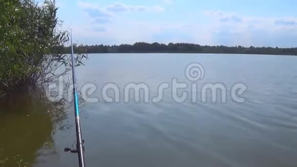在炎热的夏日钓竿在池塘上等待一口鱼视频的预览图