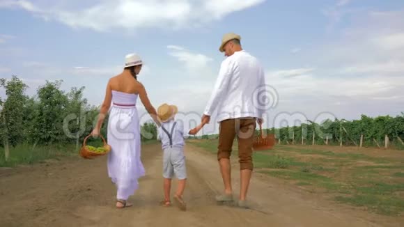 有魅力的情侣孩子牵着手带着篮子和帽子去野餐后景视频的预览图