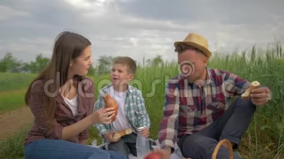 户外食品快乐的男人和女孩和男孩一起吃面包店同时在绿色田野的家庭野餐中放松视频的预览图