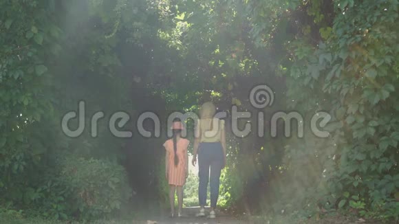 在夏日花园或公园里金发母亲与女儿牵手散步家庭幸福连接视频的预览图