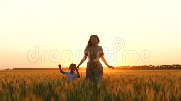 母子两人在金色麦田上奔跑牵着手母观念幸福家庭农业视频的预览图