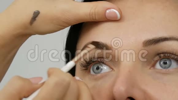 眉毛矫正采用专用眉毛和毛刷眼影化妆师将化妆应用于美丽的模特视频的预览图