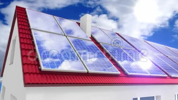 安装在屋顶上的太阳能光伏电池板3D4k动画视频的预览图