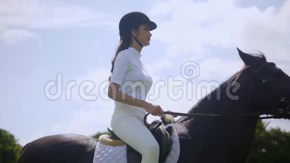 戴着头盔穿着靴子的漂亮女孩骑着马在马竞技场上踱步骑着马在新鲜空气中骑马视频的预览图