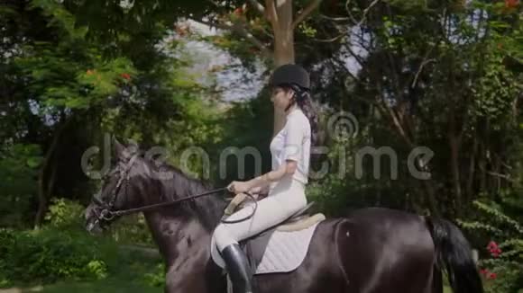 穿着西装戴着头盔的漂亮女孩骑着华丽的野马视频的预览图