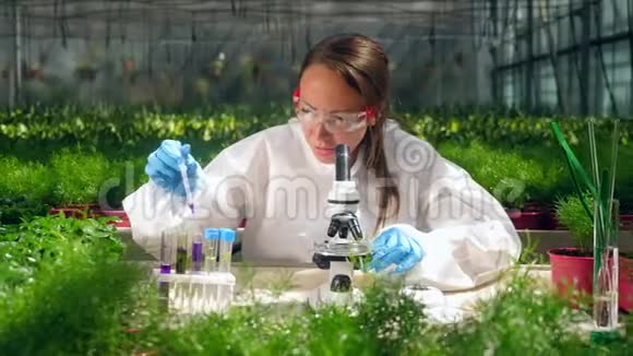 女科学家正在研究显微镜和化学物质视频的预览图