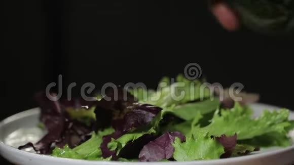 有人用叉子吃新鲜的叶子有机沙拉拿着盘子合上视频视频的预览图