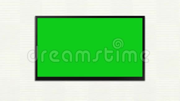 一个绿色的模拟电视屏幕或交互式数字白板水平模式挂在一个光墙上视频的预览图