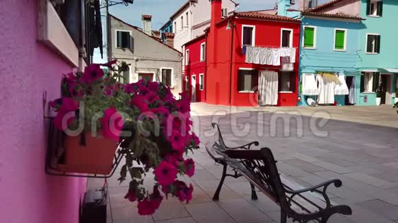 意大利威尼斯的布鲁诺2019年5月鲜花和长凳背景下一条未被识别的街道五颜六色视频的预览图