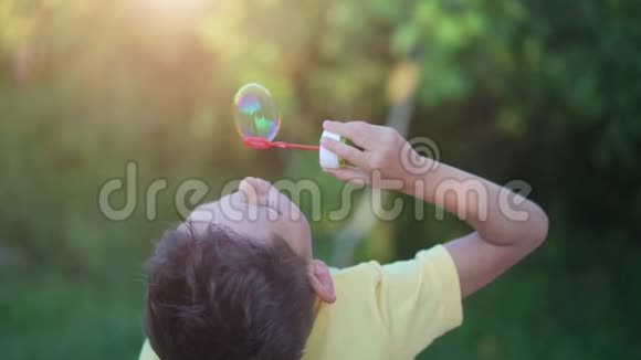 小男孩在大自然的绿色背景下吹肥皂泡视频的预览图