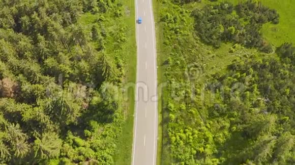空中景色飞越两条车道的森林道路汽车移动的绿色树木的树林生长两侧汽车行驶视频的预览图