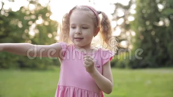 可爱的小女孩带着小马尾巴在草地上摘花花瓣视频的预览图