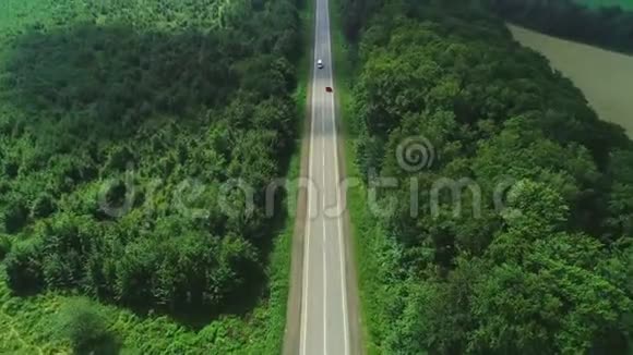 飞越无人机视野汽车正沿着高速公路行驶在山区茂密的森林中4K视频的预览图