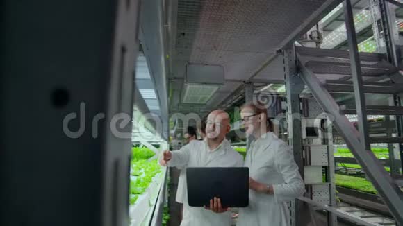 一组现代科学家生物技术科学家穿着白色西装用于加工有机水培蔬菜视频的预览图