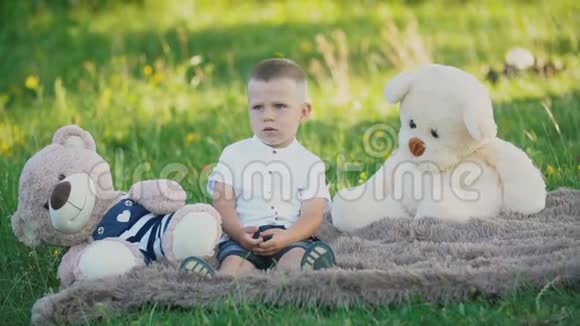小男孩坐在毯子上上面有泰迪熊视频的预览图