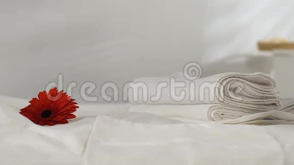 客房服务员从酒店客房拿毛巾花在新床上服务视频的预览图