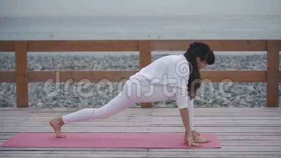 布鲁内特女士白天在海滨户外做瑜伽体式视频的预览图