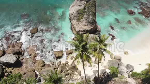 空中无人机观看热带海滩海岩绿松石海洋和妇女摆动之间的棕榈树努萨阿图海滩视频的预览图