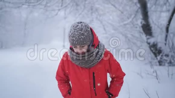 雪地里的女人穿着一件红色夹克在路边视频的预览图