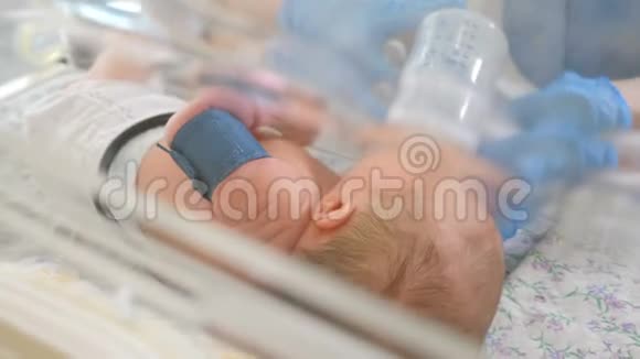 产科诊所拯救生命的概念在医生监督下婴儿在培养箱中早产护士手的特写镜头视频的预览图