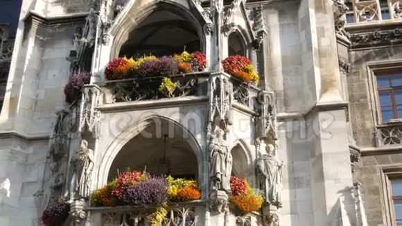 德国慕尼黑2019年10月25日慕尼黑新市政厅的一部分用各种盛开的花朵装饰视频的预览图