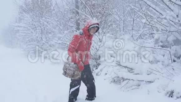 雪中的男旅行者在森林的边缘视频的预览图