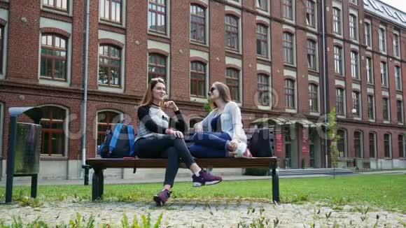 快乐的女学生在上课前坐在校园公园的长凳上聊天大学朋友视频的预览图