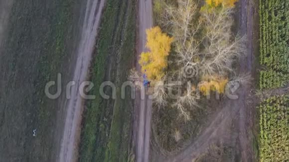 汽车沿着森林行驶在乡村公路上从高处看美丽的风景秋天的森林视频的预览图