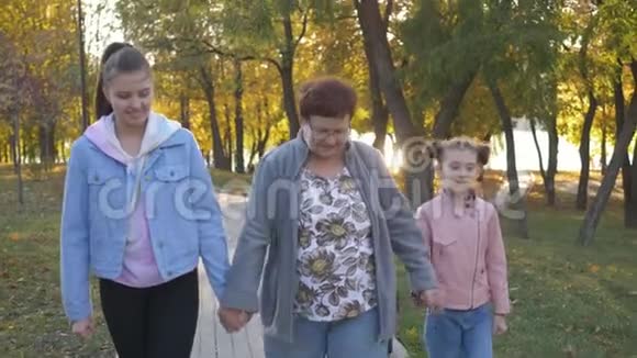 祖母和两个孙女在日落时在公园散步视频的预览图