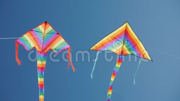 两只明亮的风筝在天空中高高飞翔在附近的天空中翱翔视频的预览图
