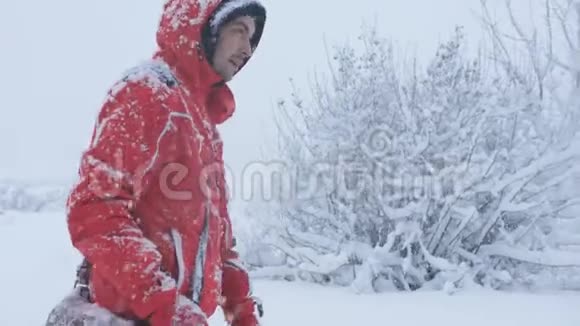 雪中的男旅行者在森林的边缘视频的预览图