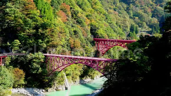 在黑布峡谷的黑布河上的红桥上观光火车的景色视频的预览图