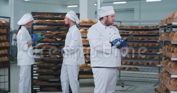 三个面包师在一个面包店里的一个工作日中他们从货架上检查生产情况视频的预览图