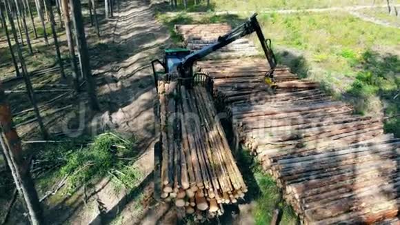 环境问题毁林伐木有起重机的拖拉机摘树视频的预览图