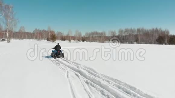 一个人骑着一辆四轮马车在森林里的一个冬天的田野上视频的预览图