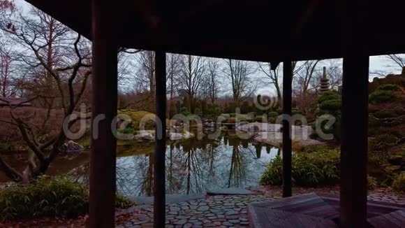 冬天日本花园池塘的景色被修剪整齐的树木环绕视频的预览图