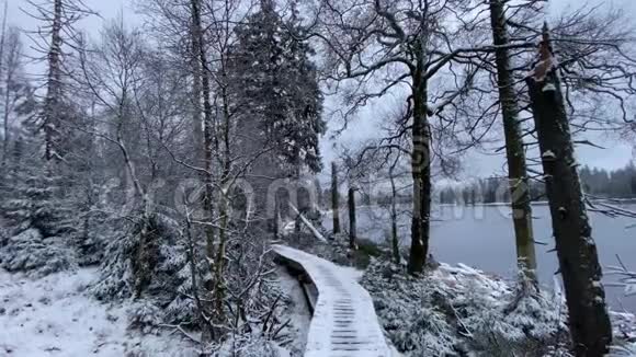 冬季的木路在山脉的哈兹森林景观区奥德特伊奇湖上翻腾着雪视频的预览图