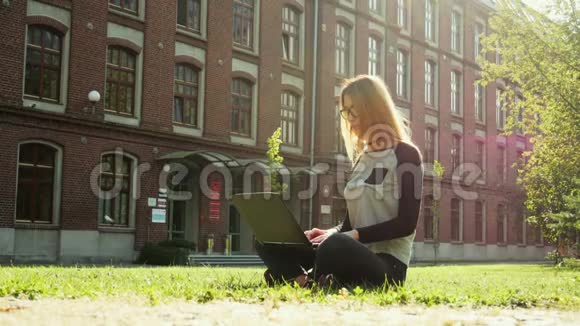 美丽而现代的女学生或自由职业者在笔记本电脑上工作坐在校园绿色草坪上的公园里视频的预览图