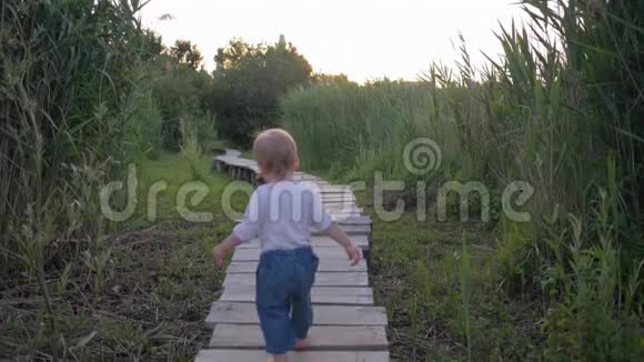 可爱的小男孩独自自信地在高高的草地上赤脚走在木桥上视频的预览图