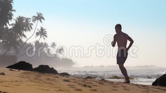 肌肉男沿着沙质海岸线向棕榈树奔跑视频的预览图